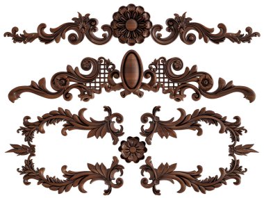 Ahşap süsleme beyaz zemin üzerinde. İzole. 3D çizim