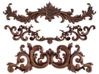 Ahşap süsleme beyaz zemin üzerinde. İzole. 3D çizim