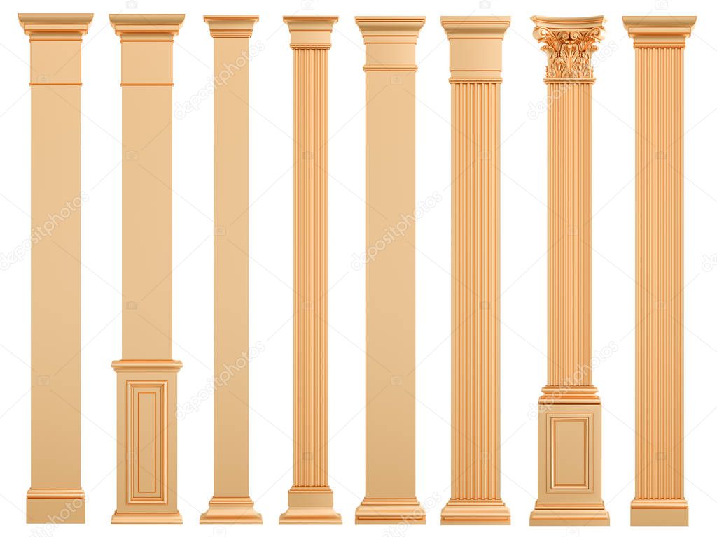 Golden columns on a white background. Isolated