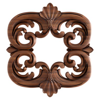 Ahşap süsleme beyaz zemin üzerinde. İzole. 3D çizim