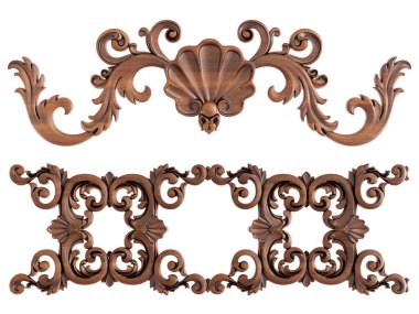 Ahşap süsleme beyaz zemin üzerinde. İzole. 3D çizim