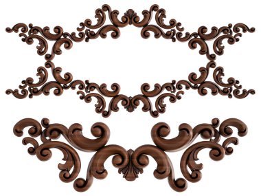 Ahşap süsleme beyaz zemin üzerinde. İzole. 3D çizim