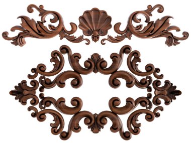 Ahşap süsleme beyaz zemin üzerinde. İzole. 3D çizim