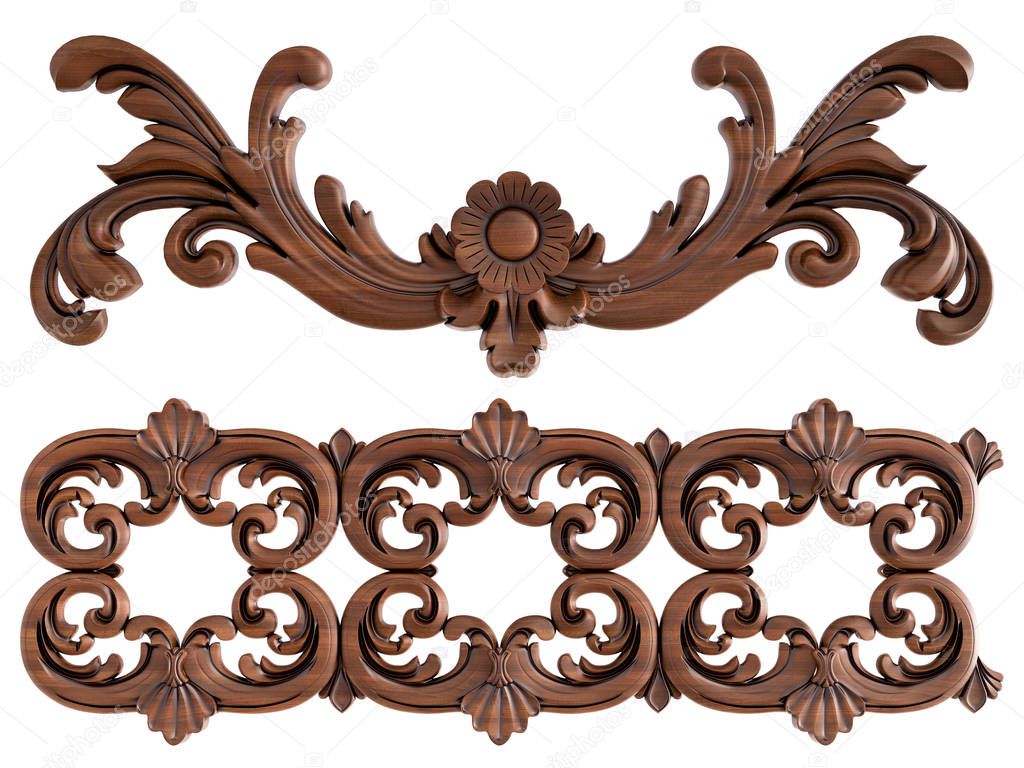 Wood ornament on a white background. Isolated. 3D illustration