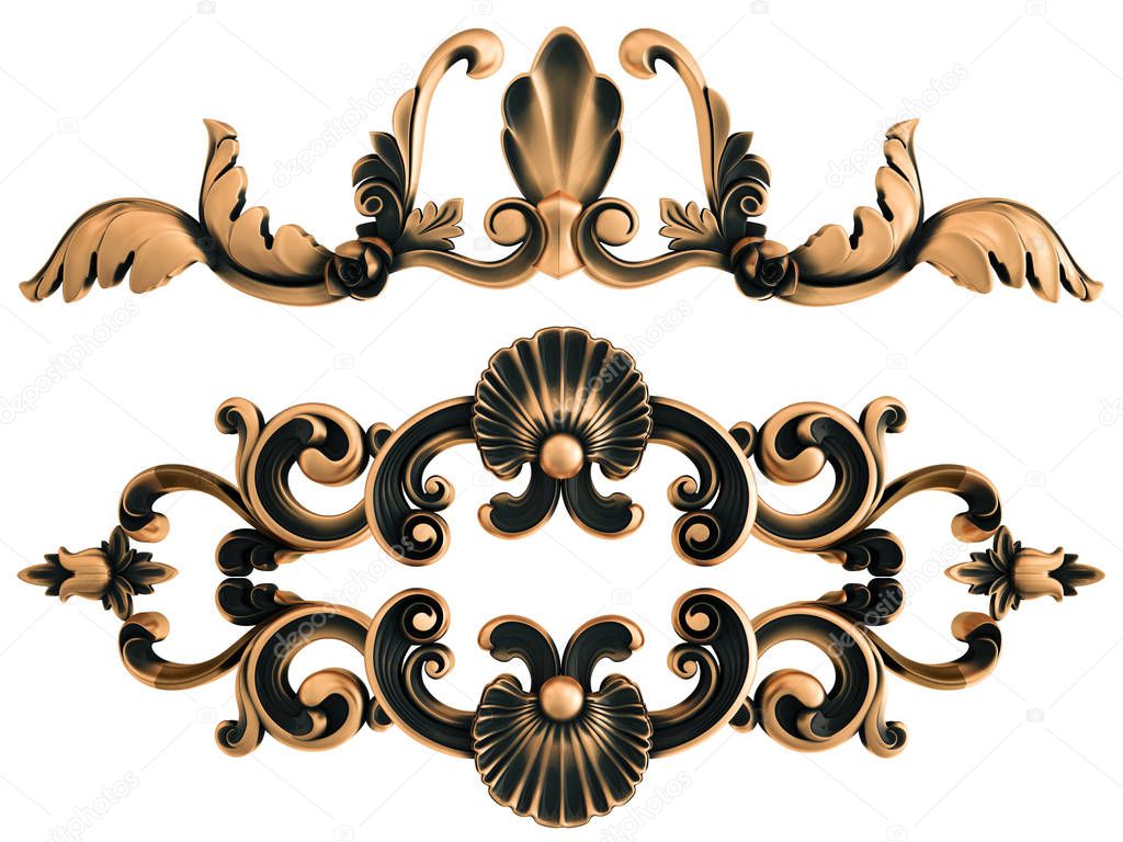 Bronze ornament on a white background. Isolated. 3D illustration