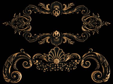 Bronz süs siyah bir arka plan. İzole. 3D çizim