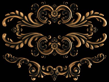 Bronz süs siyah bir arka plan. İzole. 3D çizim