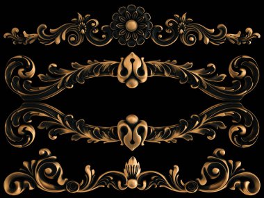 Bronz süs siyah bir arka plan. İzole. 3D çizim