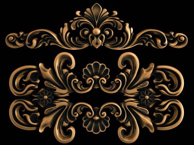 Bronz süs siyah bir arka plan. İzole. 3D çizim