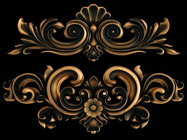 Bronze ornament on a black background. Isolated. 3D illustration