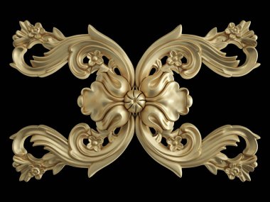 Siyah bir zemin üzerine altın süs. İzole. 3D çizim