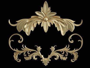 Siyah bir zemin üzerine altın süs. İzole. 3D çizim