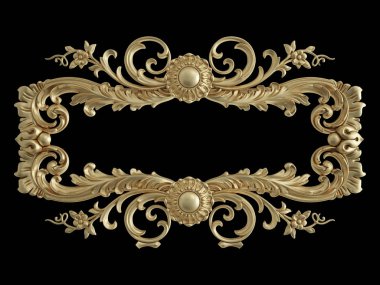 Siyah bir zemin üzerine altın süs. İzole. 3D çizim