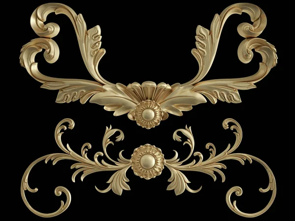 Siyah bir zemin üzerine altın süs. İzole. 3D çizim