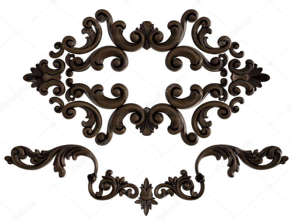 Wood ornament on a white background. Isolated. 3D illustration