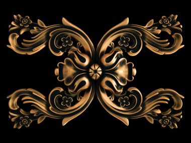 Bronz süs siyah bir arka plan. İzole. 3D çizim