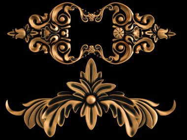 Bronz süs siyah bir arka plan. İzole. 3D çizim