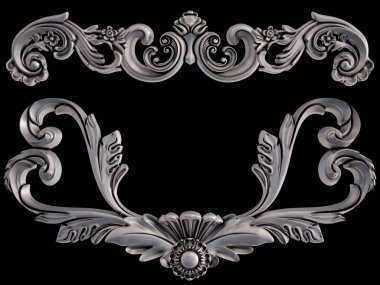 Siyah bir arka plan üzerinde krom süsleme. İzole. 3D çizim