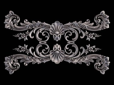 Siyah bir arka plan üzerinde krom süsleme. İzole. 3D çizim