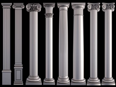 Siyah bir zemin üzerine metal sütunlar. İzole. 3D çizim