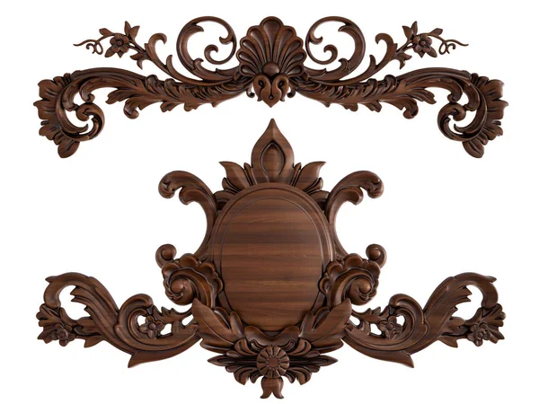 Ahşap süsleme beyaz zemin üzerinde. İzole. 3D çizim