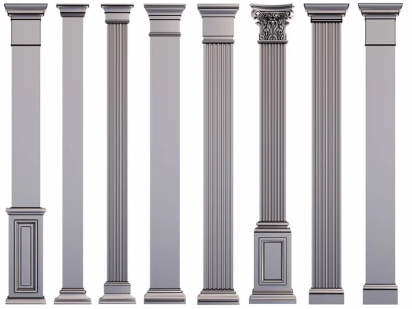 Metal columns on a white background. Isolated. 3D illustration