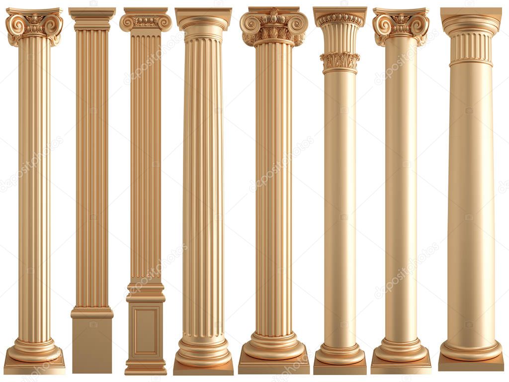 Golden columns on a white background. Isolated. 3D illustration