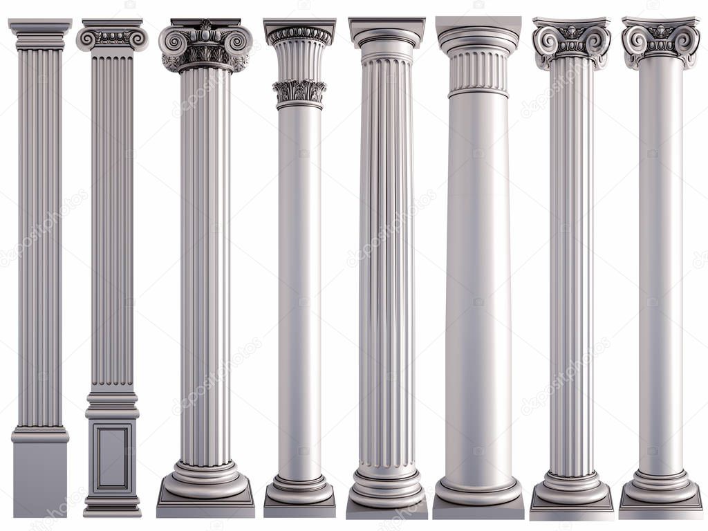 Metal columns on a white background. Isolated. 3D illustration