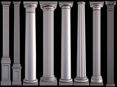 Siyah bir zemin üzerine metal sütunlar. İzole. 3D çizim
