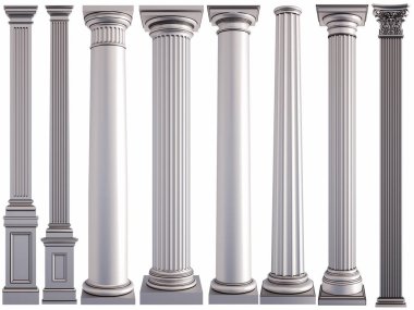 Beyaz bir arka plan üzerinde metal sütunlar. İzole. 3D çizim