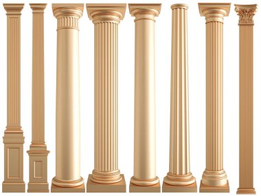 Beyaz zemin üzerine altın sütunlar. İzole. 3D çizim