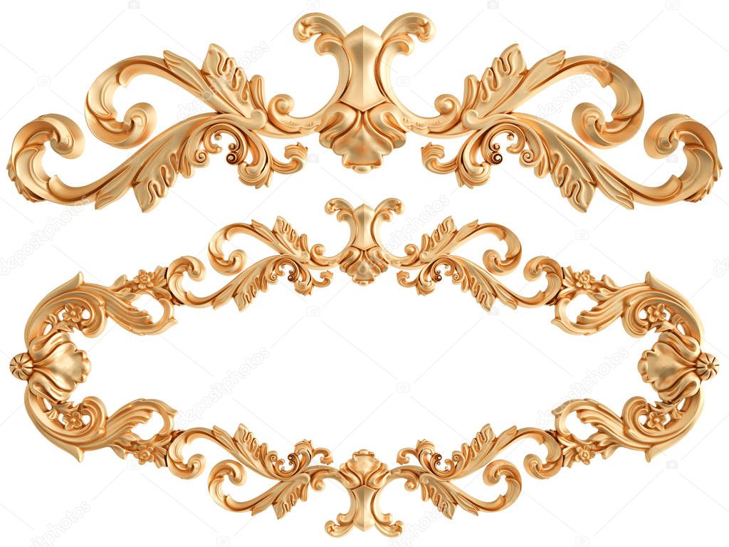 Gold ornament on a white background. Isolated. 3D illustration