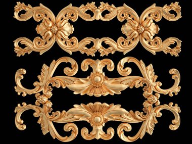 Siyah bir zemin üzerine altın süs. İzole. 3D çizim