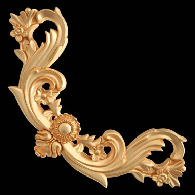 Siyah bir zemin üzerine altın süs. İzole. 3D çizim