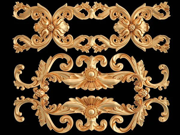 Siyah bir zemin üzerine altın süs. İzole. 3D çizim