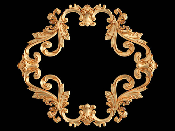 Gold ornament on a black background. Isolated. 3D illustration
