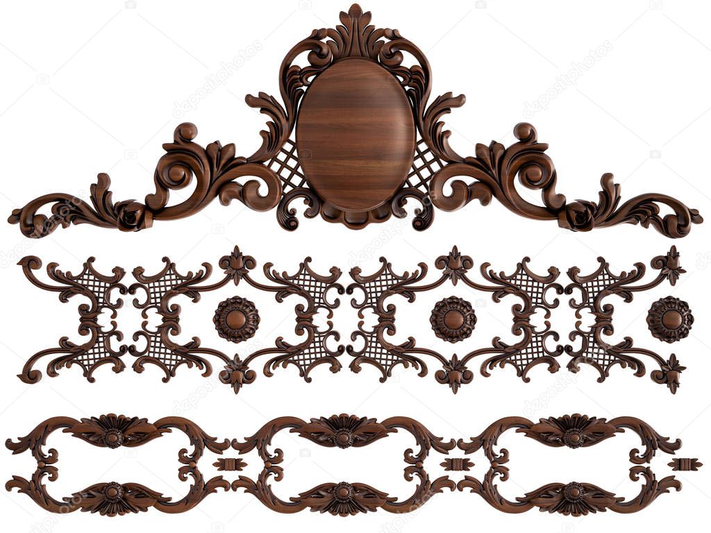 Wood ornament on a white background. Isolated. 3D illustration