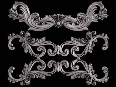 Siyah bir arka plan üzerinde krom süsleme. İzole. 3D çizim