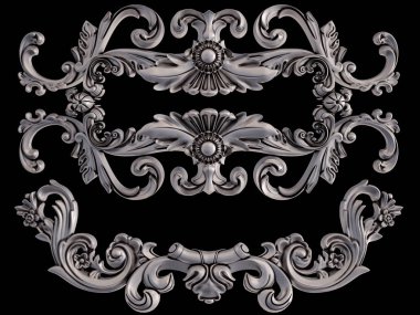 Siyah bir arka plan üzerinde krom süsleme. İzole. 3D çizim