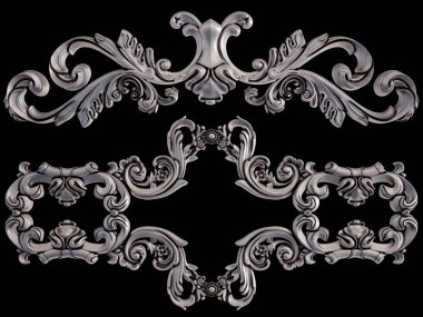 Siyah bir arka plan üzerinde krom süsleme. İzole. 3D çizim