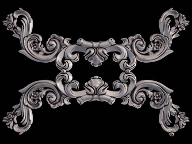 Siyah bir arka plan üzerinde krom süsleme. İzole. 3D çizim