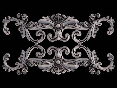 Siyah bir arka plan üzerinde krom süsleme. İzole. 3D çizim