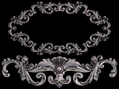 Siyah bir arka plan üzerinde krom süsleme. İzole. 3D çizim