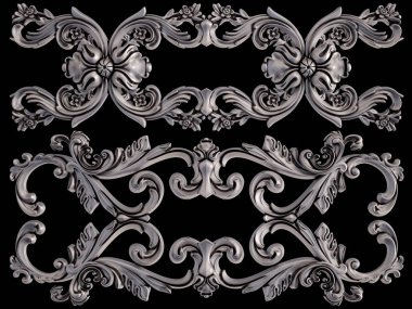 Siyah bir arka plan üzerinde krom süsleme. İzole. 3D çizim