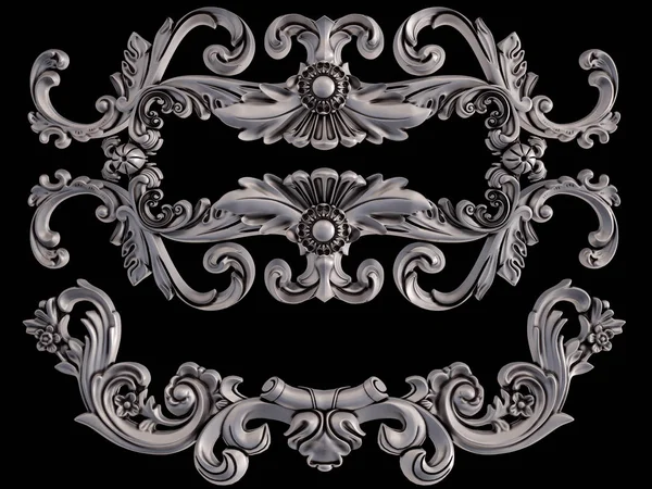 Siyah bir arka plan üzerinde krom süsleme. İzole. 3D çizim