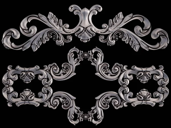 Siyah bir arka plan üzerinde krom süsleme. İzole. 3D çizim