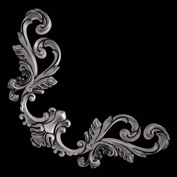 Siyah bir arka plan üzerinde krom süsleme. İzole. 3D çizim