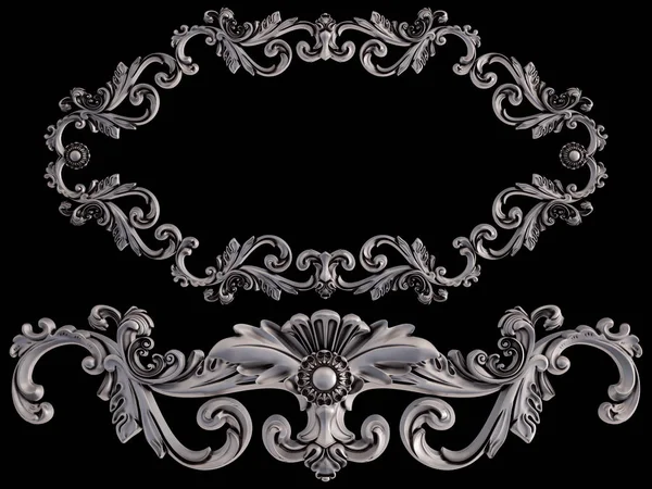 Siyah bir arka plan üzerinde krom süsleme. İzole. 3D çizim