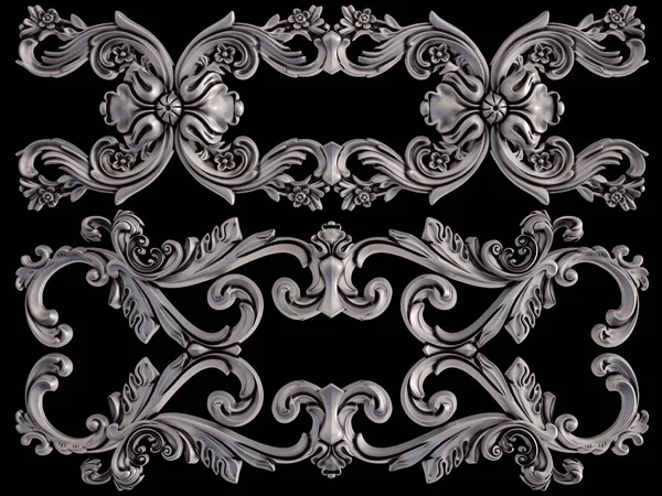 Siyah bir arka plan üzerinde krom süsleme. İzole. 3D çizim