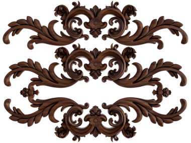 Ahşap süsleme beyaz zemin üzerinde. İzole. 3D çizim